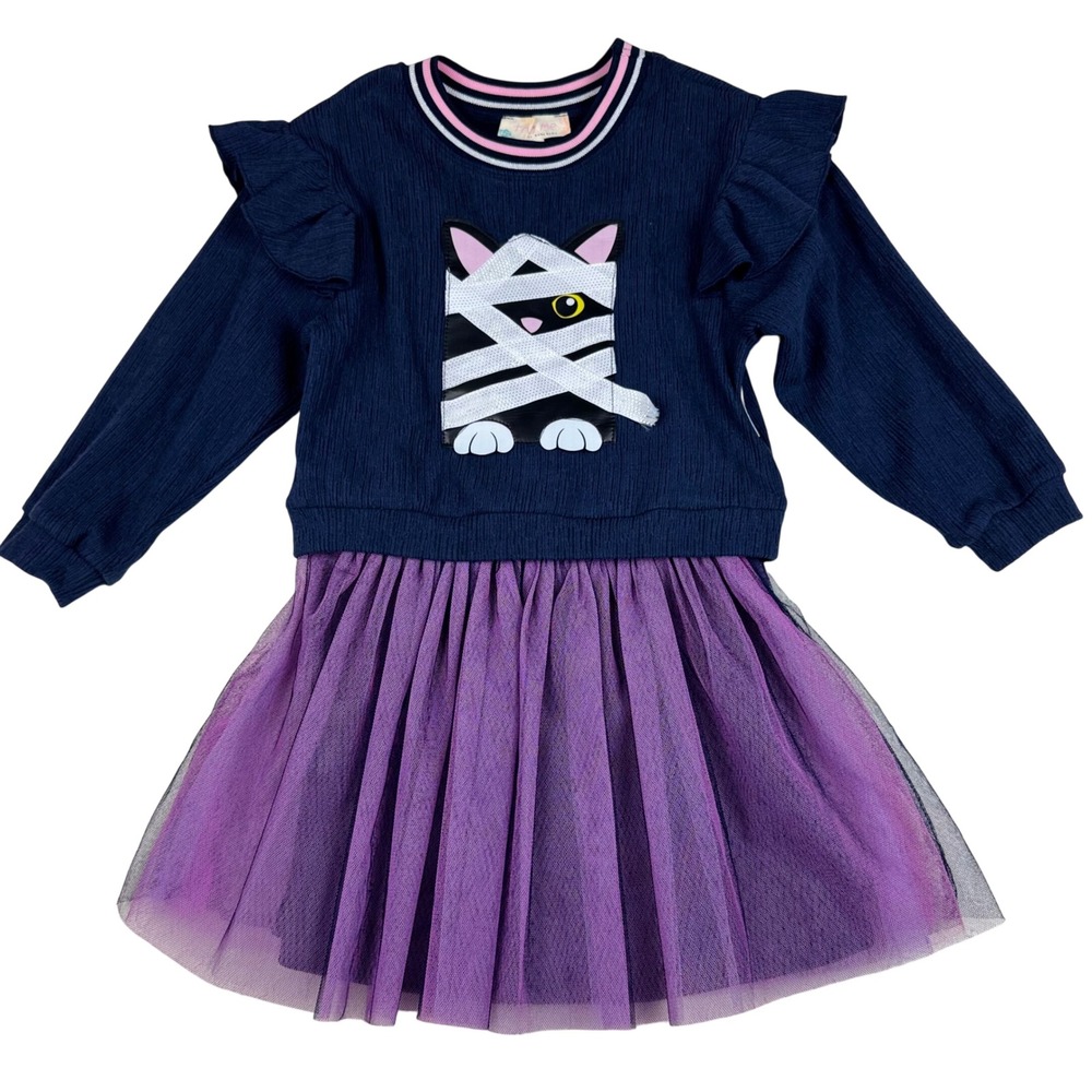 Truly Me Dress Set Mummy Cat Halloween Tutu Ruffle‎ Girls 4 Navy Purple